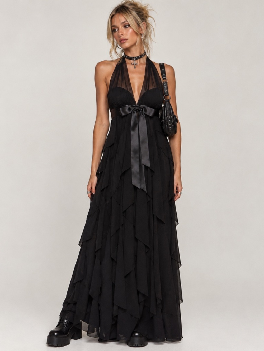 Vtg Y2K Betsy & Adam Black Ruffle Halter Maxi Dress Sz 8 Dark Coquette Gala